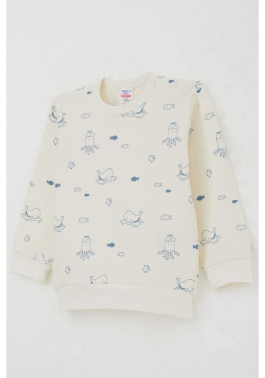 Breeze Erkek Bebek Pijama Takımı Omuzdan Patlı Sevimli Deniz Hayvanları Desenli 4 Ay-1 Yaş, Krem Krem