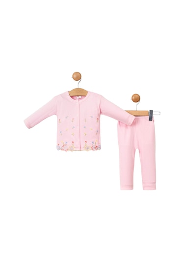 Mdm Pembe1 Çiçek Baskili Fiyonklu Bebek Takim Pembe