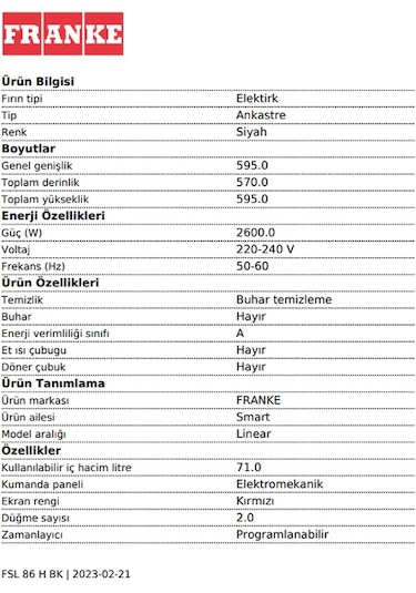 Franke Smart Linear FSL 86 H BK Nero 71 LT Ankastre Fırın