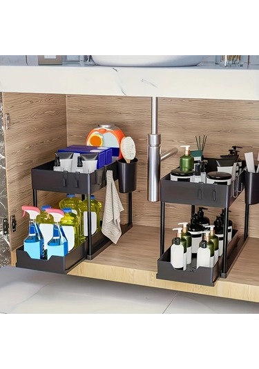 Honeybeeshop Beyaz 2 Katlı Kayar Lavabo Altı Organizatörü Dayanıklı Plastik Mutfak Dolabı Sepeti Temizlik Malzemeleri Ve Bulaşık Yıkama Araçları İçin Beyaz