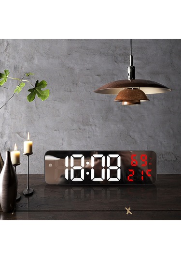 Xindoker Ev İçin Dijital Led Alarm Saat, Ayna Ekranlı, Duvar/sandık Tipi, Elektrikli, Siyah Kasa, Beyaz-kırmızı Sayılar Siyah - Beyaz
