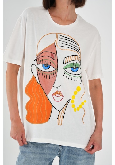 Alexandergardı Baskılı Basic Kadın T-shirt Ekru