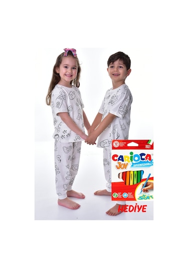 Zuzunga En Sevimli Figürler Özel Kalemi İle Boyanabilir Çocuk Pijama Takımı 12'li Kalem Seti Hediye Beyaz