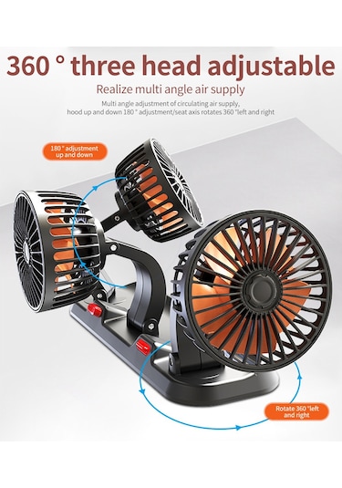 Hallow K22834-24V 3 Kafalı Taşınabilir Araç Vantilatörü Soğutma Fanı 2 Siyah