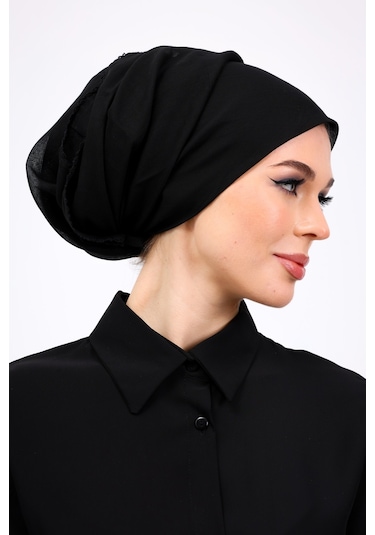 İç Başörtüsü %100 Pamuklu Siyah Tülbent - Kenarları Oyalı 90x90 Cm Kadın Tesettür Yazma Başörtü Siyah