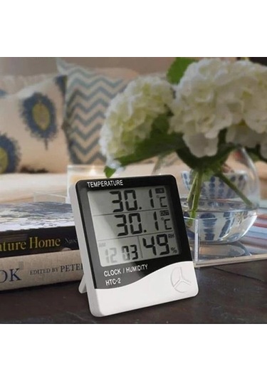 İç Ve Dış Ortam Sıcaklığını Ölçebilen Lcd Ekran Saat Göstergeli Alarmlı Nem Ölçer Termometre 5365