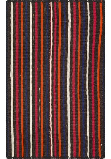 Beyaz Kirmizi Çizgili Siyah Kilim Paspas