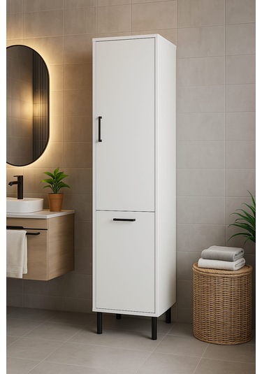 Çamaşır Sepetli Banyo Dolabı Beyaz