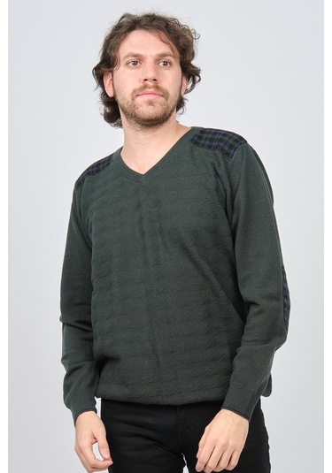 Desen Triko Erkek V Yaka Saf Yün Kazak 0246538 Yeşil Yeşil