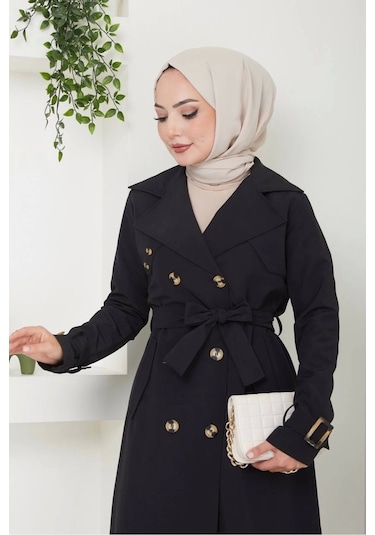 Pamuklu Bondit Kumaş Trençkot / M0105 - Siyah Siyah