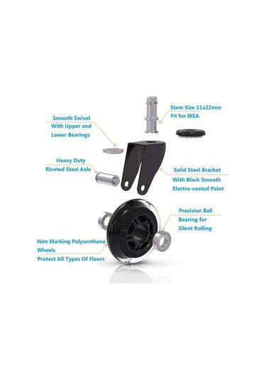 Flybuy 5'li Ofis Koltuğu Tekerlek Seti - 360 Dönme - Yedek Tekerlekler - 75mm, 10x22mm - Ofis/ev Kullanımı -