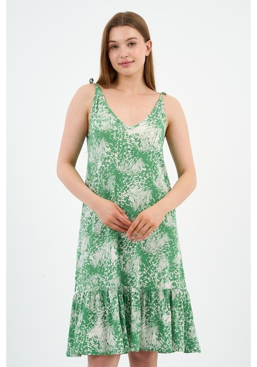 Bağlama Detaylı Askılı Volanlı Elbise B24-425-01 Yeşil