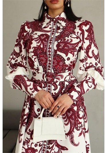Dipmoda Kadın Kemerli Uzun Desenli Gömlek Elbise Dpms4220 Bordo