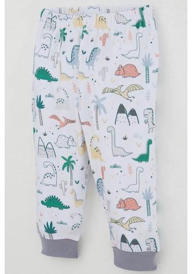 Breeze Erkek Bebek Eşofman Takım Omuzdan Patlı Sevimli Dinozorlar Desenli 4 Ay-1 Yaş, Beyaz Beyaz