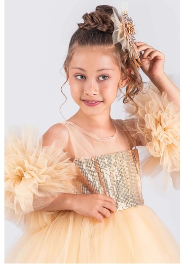 Kız Çocuk Abiye Elbise Ponpon Kol Pul Payetli Tütülü Altın