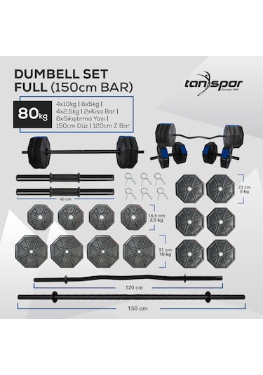 Tanspor 80 KG Dambıl Halter Full Kısa Bar + Z Bar + Düz Bar Seti Kırmızı Kapaklı