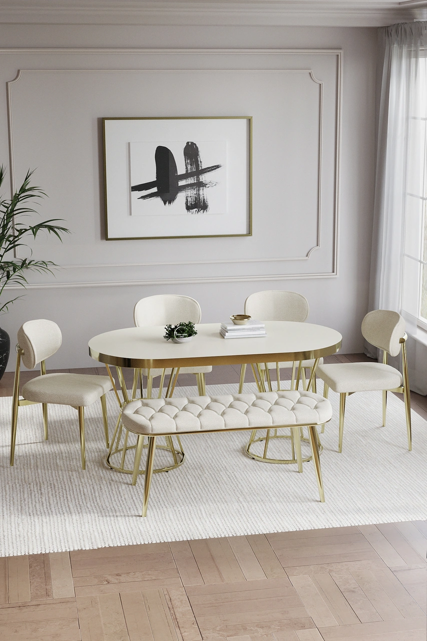 Bohem Polo Mutfak Masası Takımı 6 Kişilik Bencli Gold Krem