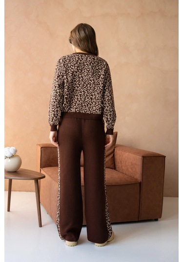 Kadın Geniş Yaka Desenli Kazak Pantolon İkili Triko Takım Kahve