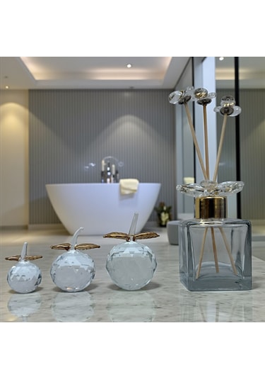 Dekoratif Kristal 7 Parça Set Üçlü Elma Ve Koku Şişesi Şeffaf Gold 01