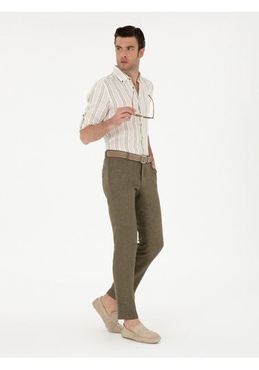 Cacharel Haki Slim Fit %100 Keten Pantolon Yesıl