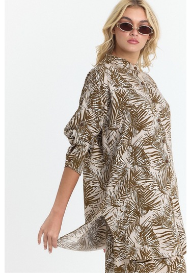 Schık Kadın Viskon Rahat Bol Paça Truvakar Kol Önü Düğmeli Baskılı Takım Kahverengi