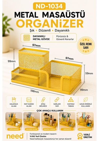 Need Nd-1034 Metal Mesh Masaüstü Organizer 3 Bölmeli, Çok Amaçlı Düzenleyici Sarı