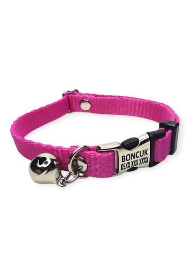 Metal Kilitli İsimli Kedi Ve Köpek Tasması, Fuşya Rengi Tasma