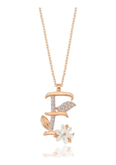 Işıltılı Manolya Çiçeği E Harfi Rose Renk Gümüş Harfli Kolye
