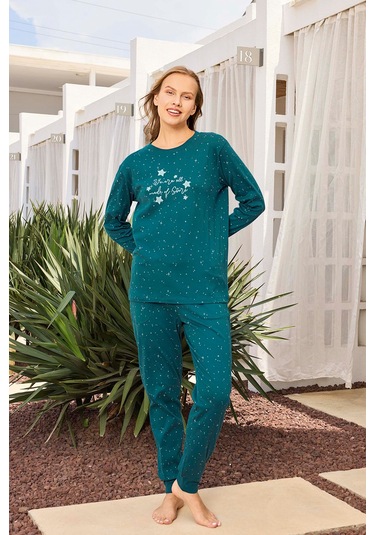 Aydoğan Kadın Lavin Ribana Manşetli Teal Renk Koton Pijama Takım 0524 Yeşil