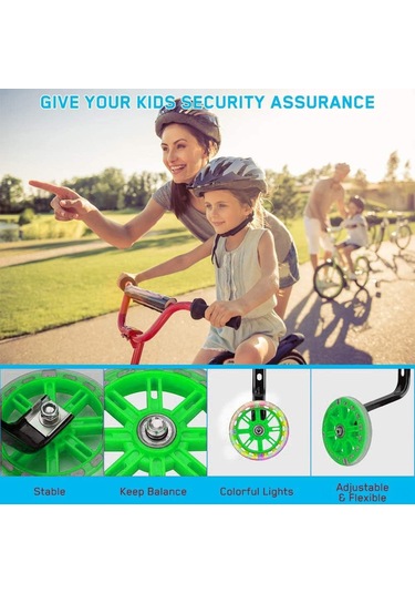 Samdoo 12-20 İnç Bisiklet Denge Tekerlekleri, Işıklı Yeşil Tekerlekler, Çelik Konstrüksiyon, Tam Aksesuar Seti Araçlar, Zil Dahil Yeşil