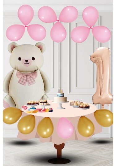 1 Yaş Retro Folyo Krem Ayıcık Pembe Gold Balon Rose Gold Rakam Doğum Günü Süsleme KREM
