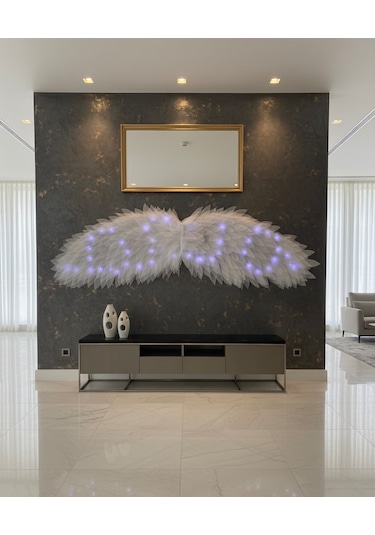 Beyaz Led Işıklı Melek Kanadı Duvar Dekoru Lüks Tasarım Aydınlatma Aksesuarı