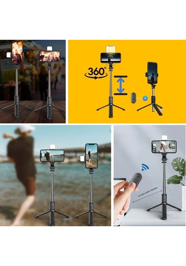 Buffer Kendiliğinden Işıklı Masaüstü Tripod Olabilen Telefon Tutuculu Kablosuz Kumandalı Selfie Çubuğu Çok Renkli