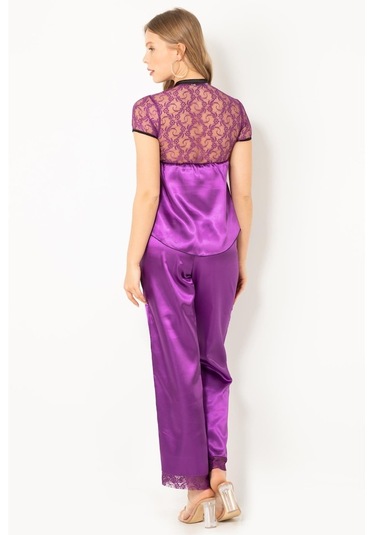 Miorre Kadın Dantel Detaylı Kısa Kollu Saten Pijama Takımı