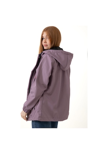 Kadın Mürdüm Içi Astarlı Su Geçirmez Ve Rüzgara Dayanıklı Kapüşonlu Cepli Yağmurluk - Rüzgarlık Mürdüm