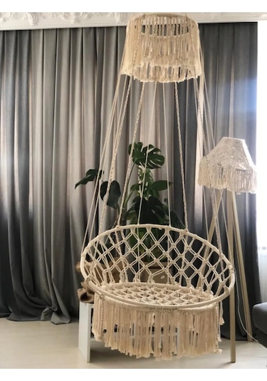 Yılbaşı Makrome Özel Örgü Halatlı Salıncak Hamak Pamuk Ip Ekru