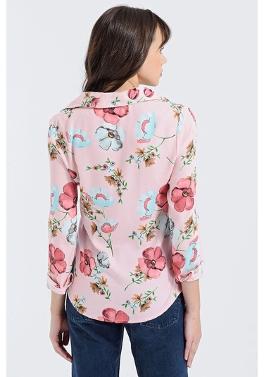 Kadın Pembe Modern Tarz Çiçek Desenli Uzun Kollu Gömlek Pembe