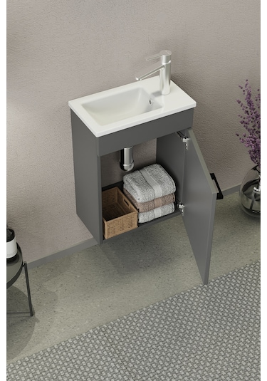 Biani Fix Arya Mini 42 Cm Banyo Dolabı,Seramik Lavabolu, Aynalı,Lavabo Dahil,Mdf,Mat Gri Biani Fix Arya Mini 42 Cm Banyo Dolabı,Seramik Lavabolu, Aynalı,Lavabo Dahil,Mdf,Mat Gri