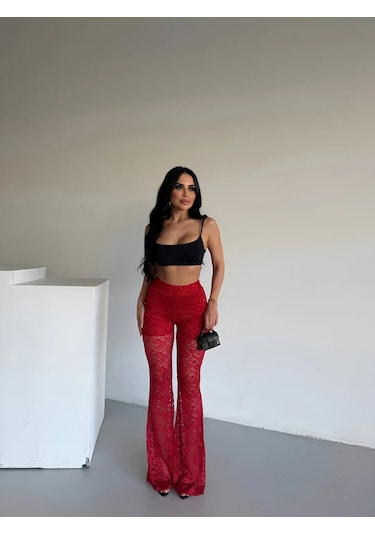 Havens Lace Kabartmalı İspanyol Paça Pantolon Kırmızı