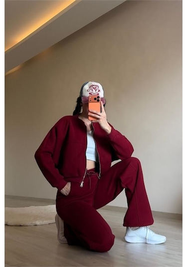 Neşeli Butik Kadın Oversize 3 İplik Cepli Eşofman Takımı Nm029 Bordo