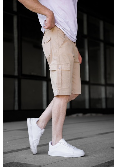Bej Renk Kargo Cepli Gabardin Erkek Şort-1802 Bej