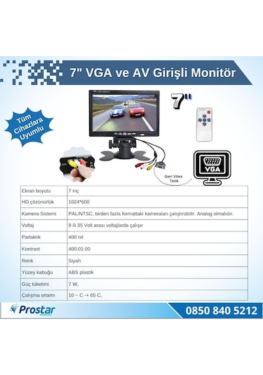 7" Vga Ve Av Girişli Araç Monitörü