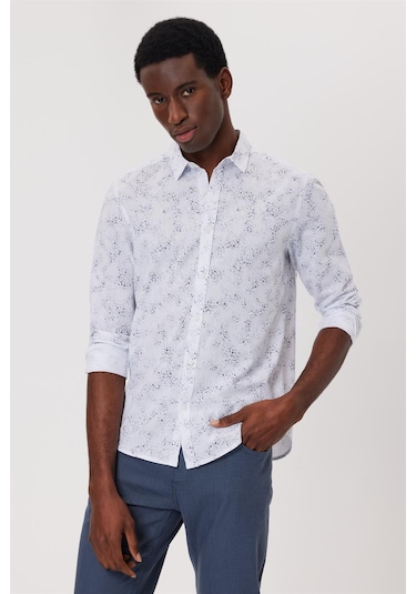 Lee Cooper Sanremo Erkek Dokuma Gömlek 15812 Beyaz Lacivert Beyaz - Lacivert