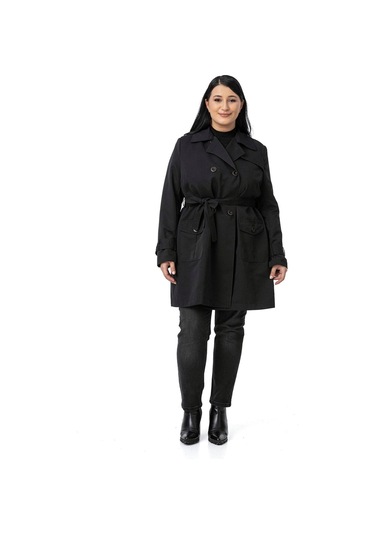 Büyük Beden Kruvaze Kolu Bant Detaylı Cepli Kuşaklı Astarlı Siyah Trençkot Siyah