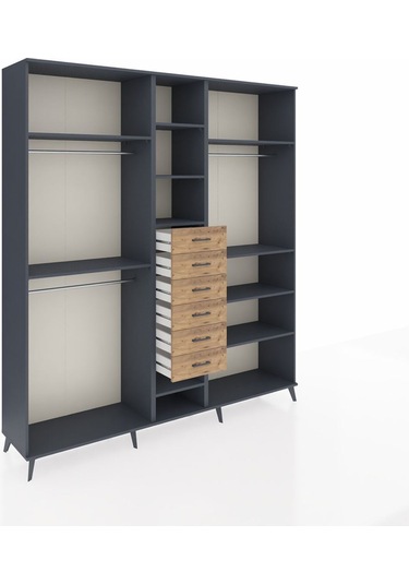 Hyperion Dolap 10 Raflı 6 Çekmeceli 3 Askılı 220x44x243 Antrasit-antrasit/çam Antrasıt/atlas Çam