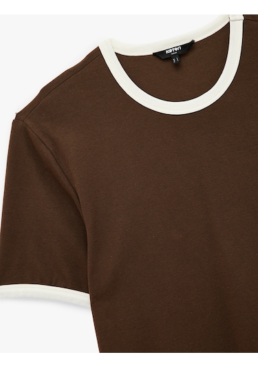 Koton Kısa Kollu Bisiklet Yaka Tok Kumaş Renk Kontrastlı Pamuklu Slim Fit Tişört Kahverengi 6wam10098hk Kahve