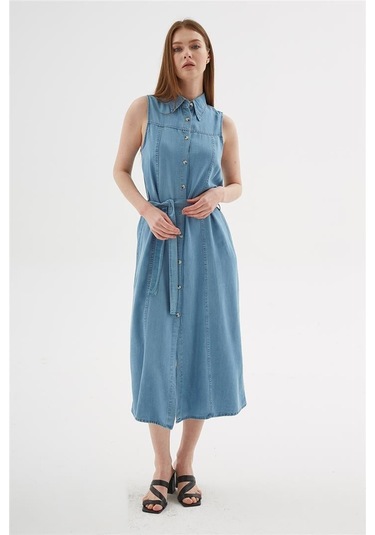 Fashion Friends Kadın Denim Gömlek Elbise 25y0384k1 Mavi