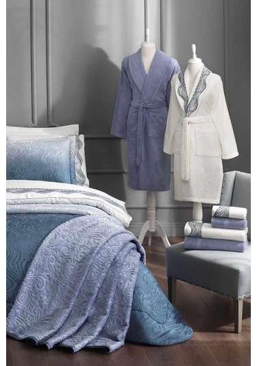 Helezon Çeyiz Seti Lacivert 16 Parça Ekru