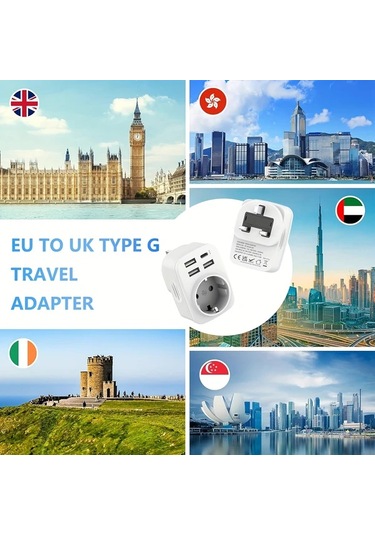 Motion003 365 İngiltere Almanya Seyahat Adaptörü 3 Usb 1 Usb C 34a Tip G Priz İngiltere İrlanda Dubai Maldivler Katar Malezya 1 Çıkışlı