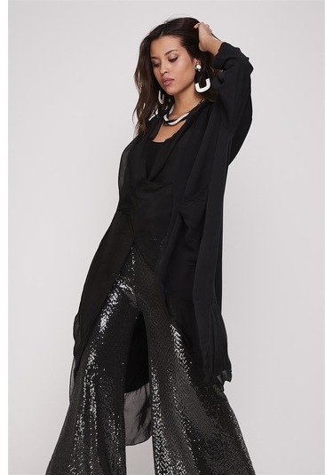 Italyan Ipek Detaylı Oversize Kaftan & Bluz-8711 Siyah